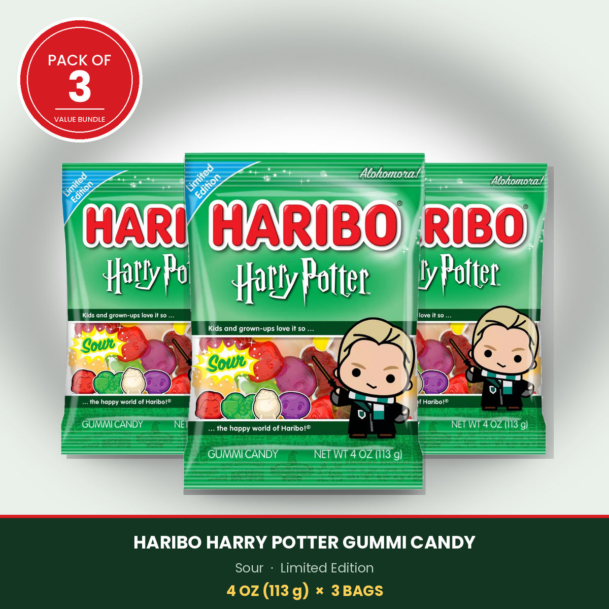 HARIBO Harry Potter Halloween Sour Malfoy Chewy Gummy Candy, 4 oz Bags, 3 Pack, Sour Chewy Candy