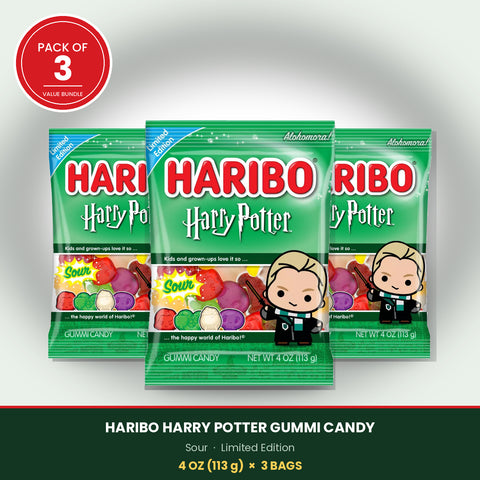 HARIBO Harry Potter Halloween Sour Malfoy Chewy Gummy Candy, 4 oz Bags, 3 Pack, Sour Chewy Candy
