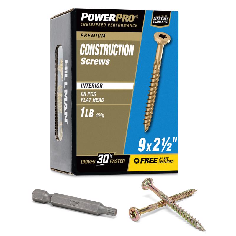 Tornillos para madera gruesa HILLMAN Power Pro n.º 9 x 2-1/2 pulg. de largo, cabeza de estrella, zinc amarillo, paquete de 88