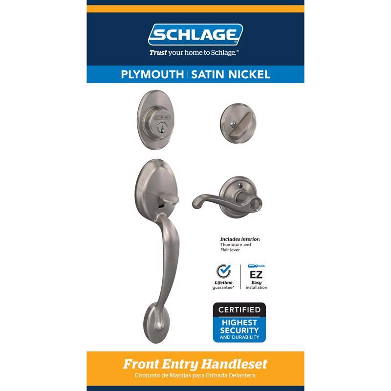 Juego de manivela y pomo de cilindro simple Schlage Plymouth / Flair en níquel satinado