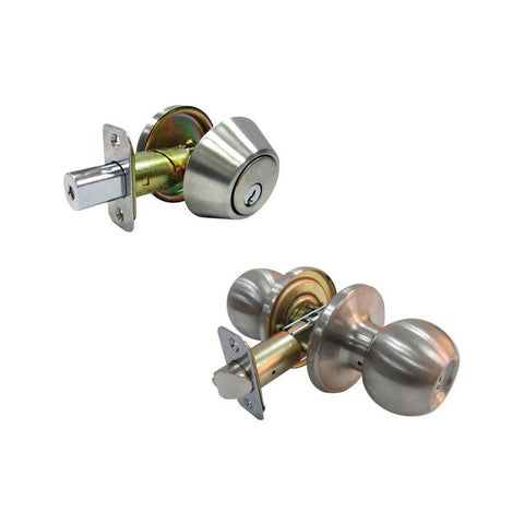 Faultless Ball Satin Stainless Steel Entry Knob and Single Cylinder Deadbolt