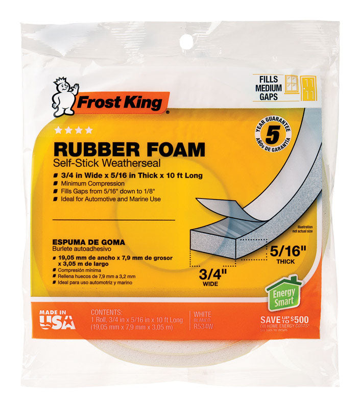 Frost King Espuma de Goma Blanca de Sellado Climático para Puertas y Ventanas 10 pies de largo x 0.32 pulgadas