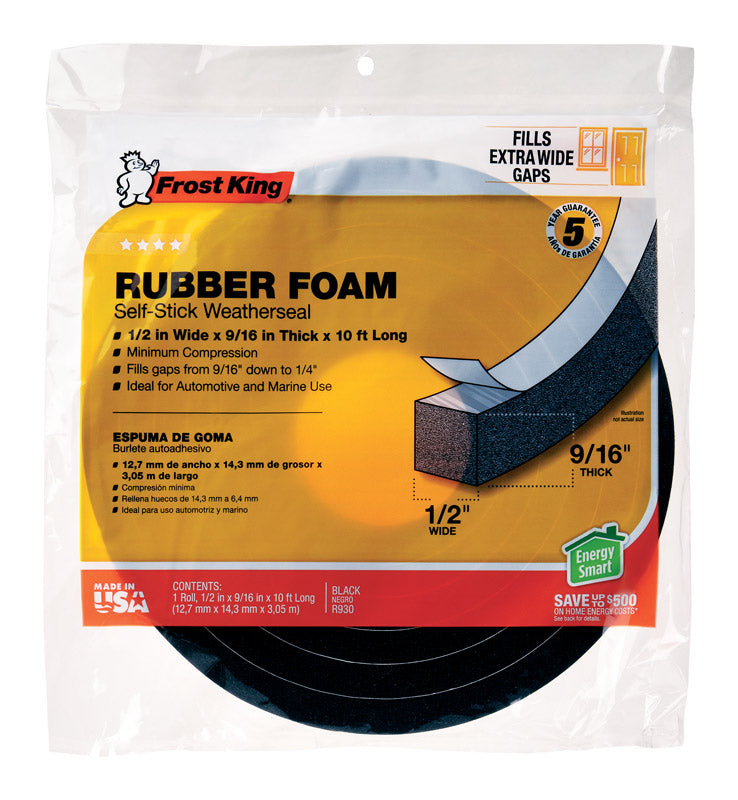 Junta climática de espuma de caucho negro Frost King para puertas y ventanas, 10 pies de largo x 0,57 pulgadas.