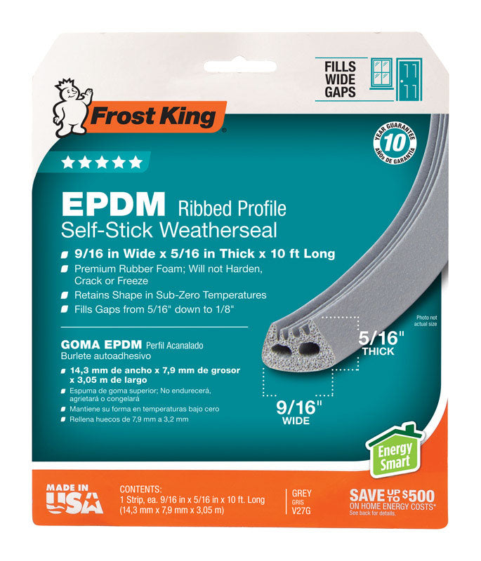 Junta de sellado climático de espuma de caucho EPDM Frost King gris para puertas y ventanas, 10 pies de largo x 0,32 pulgadas.