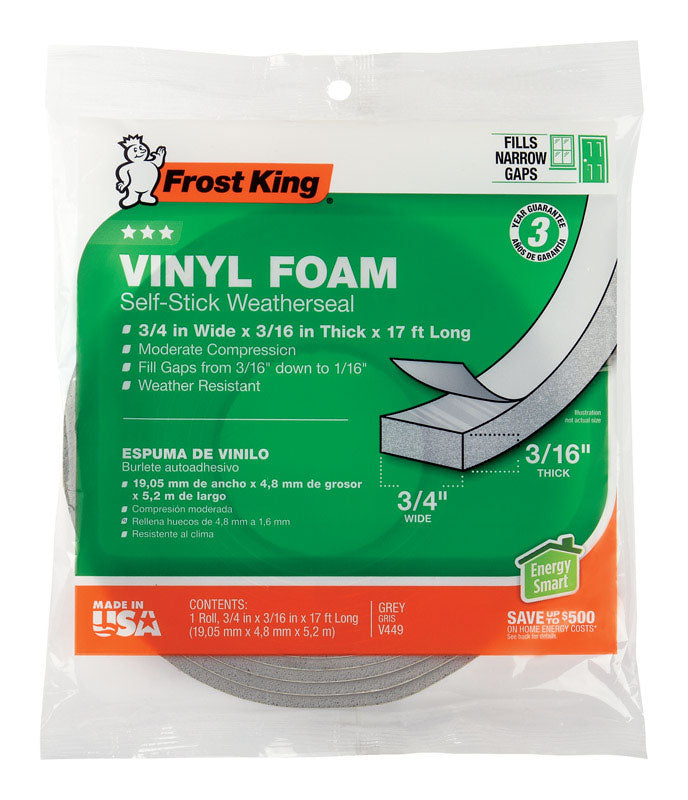 Sellador climático de espuma revestida de vinilo Frost King gris para puertas y ventanas, 17 pies de largo x 0,19 pulgadas