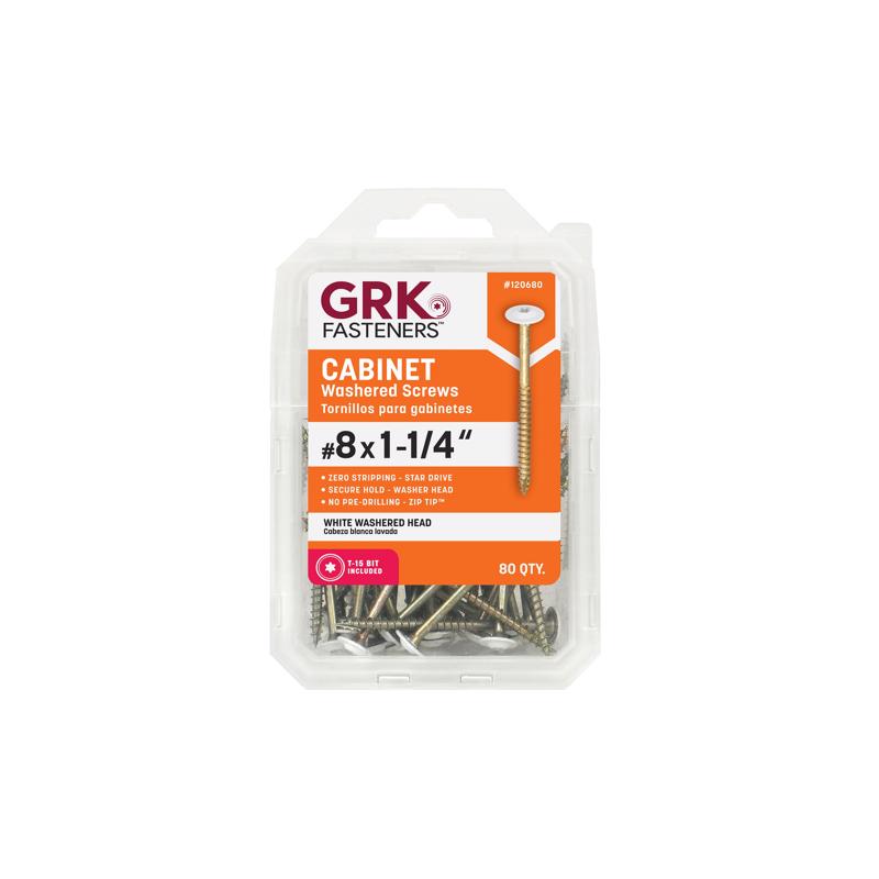 Tornillos para gabinete GRK Fasteners No. 8 x 1-1/4 pulg. de largo, punta de estrella Climatek con ranura en W, paquete de 80