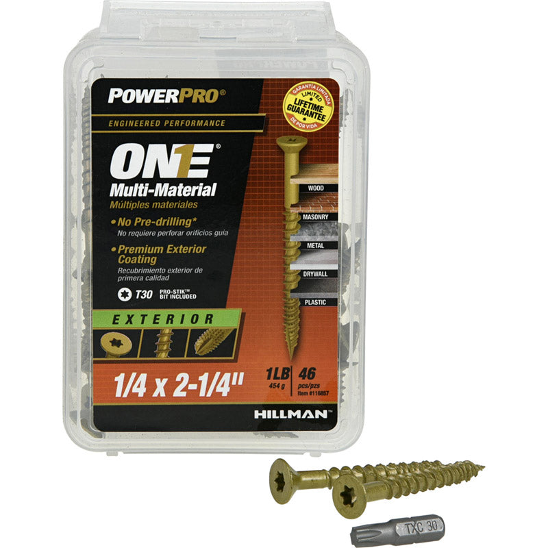 Tornillos autobroqueadores de cabeza plana y rosca gruesa para múltiples materiales HILLMAN Power Pro de 1/4 pulg. de calibre x 2-1/4 pulg. de largo