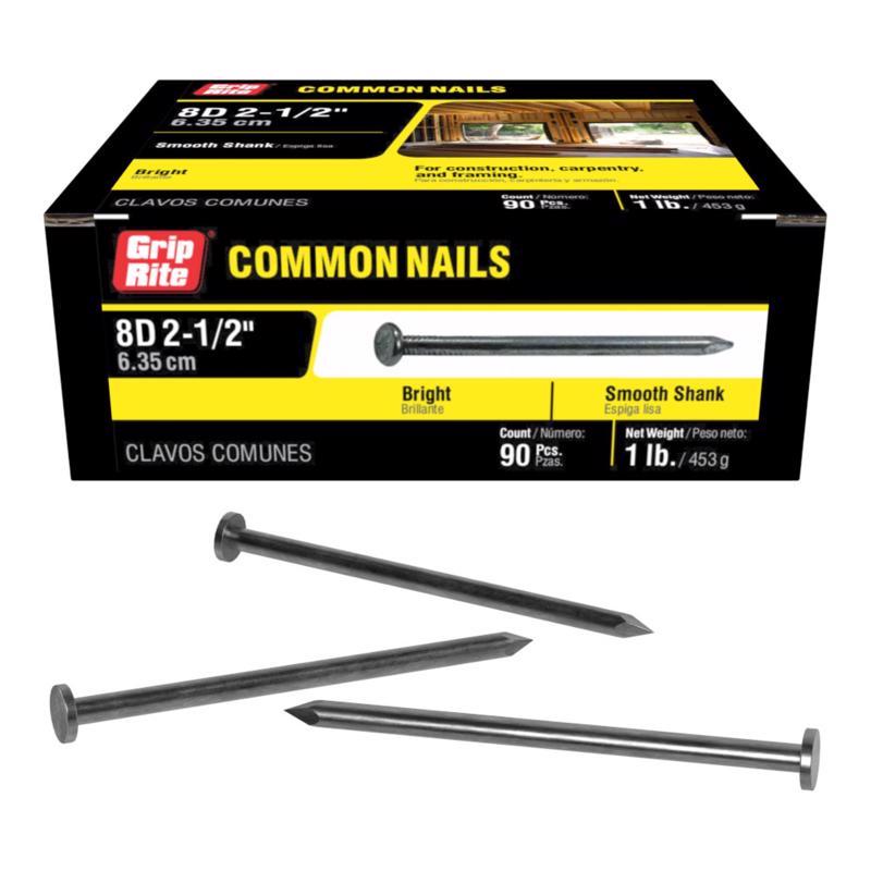 Grip-Rite 8D 2-1/2 in. Common Bright Steel Nail Flat Head 1 lb