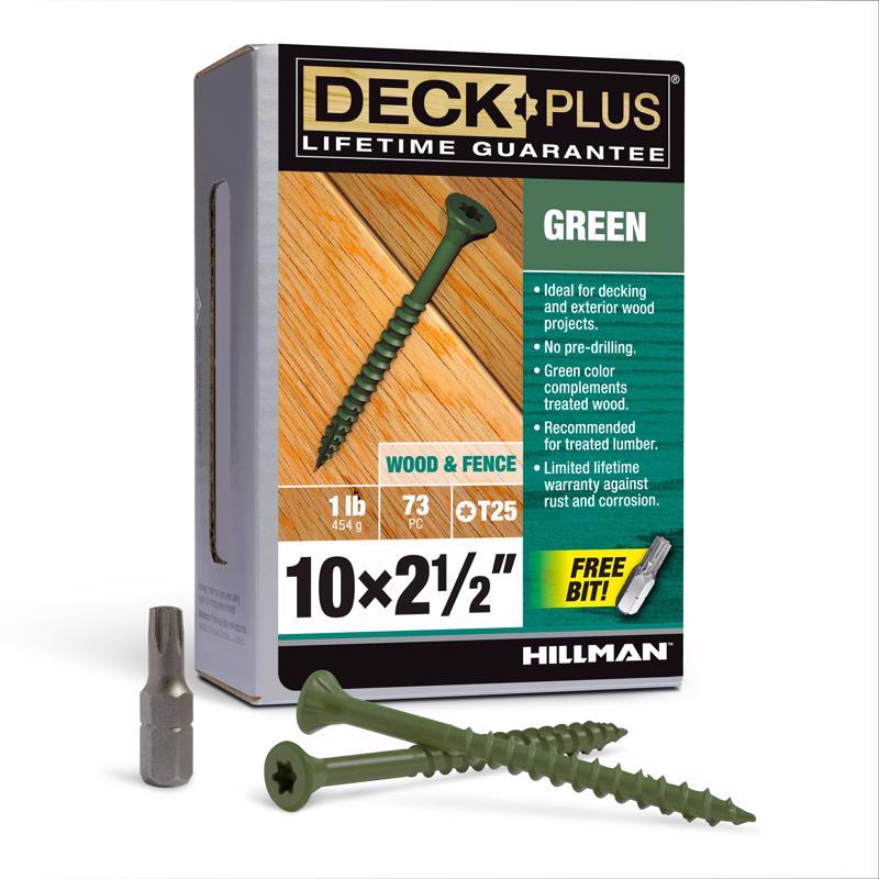 HILLMAN Deck Plus N.º 10, 2-1/2 pulg. de largo, tornillos de cabeza plana para exteriores de color verde estrella, 1 libra, paquete de 73 unidades