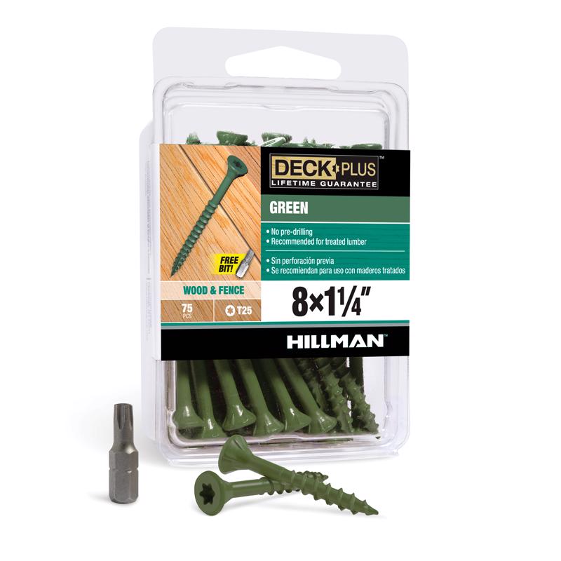 HILLMAN Deck Plus Tornillos para cubierta exterior de cabeza plana Green Star Cal. 8 x 1-1/4 pulg. de largo, paquete de 75