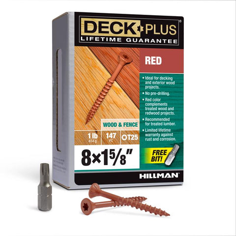 HILLMAN Deck Plus Tornillos para cubierta exterior de cabeza plana Red Star Cal. 8 X 1-5/8 pulg. de largo 1 lb paquete de 147