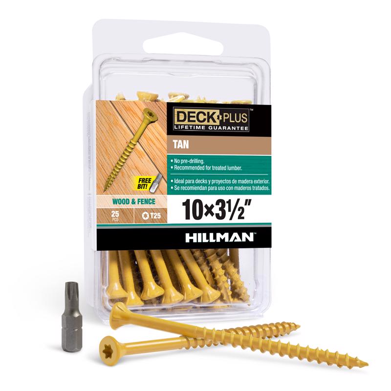 HILLMAN Deck Plus Tornillos exteriores para cubierta de cabeza plana y estrella, calibre 10, 3-1/2 pulg. de largo, color canela, 1 libra, paquete de 25 unidades