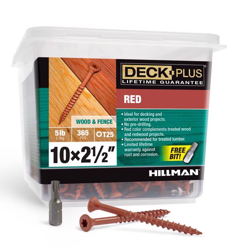 HILLMAN Deck Plus Tornillos para cubierta exterior de cabeza plana Red Star Cal. 10 x 2-1/2 pulg. de largo, 5 lb, paquete de 365