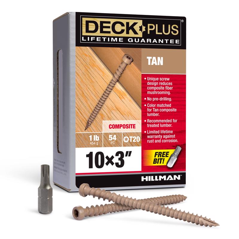 HILLMAN Deck Plus Tornillos para cubierta de composite de cabeza plana estrella, calibre 10, 3 pulg. de largo, color canela, 1 libra, paquete de 54 unidades