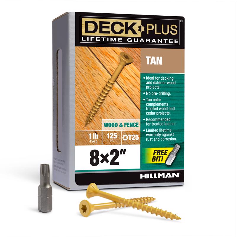 HILLMAN Deck Plus Tornillos para cubierta exterior de cabeza plana y estrella, calibre 8, 2 pulg. de largo, color canela, 1 libra, paquete de 125 unidades