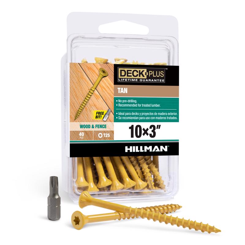 Tornillos para cubierta exterior de cabeza plana y punta de estrella HILLMAN Deck Plus, calibre 10, 3 pulgadas de largo, color canela, paquete de 40