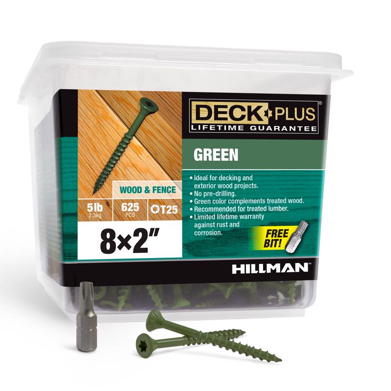 HILLMAN Deck Plus Tornillos para cubierta exterior de cabeza plana Green Star, calibre 8, 2 pulg. de largo, 5 lb, paquete de 625 625