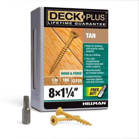 HILLMAN Deck Plus Tornillos para cubierta exterior de cabeza plana estrellada n.º 8 cal. X 1-1/4 pulg. de largo, color canela, 1 lb, paquete de 186 unidades