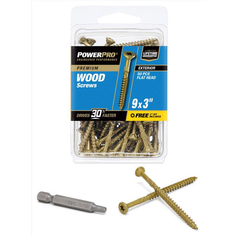 HILLMAN Power Pro Tornillos para cubierta exterior de cabeza plana estrella de bronce, calibre 9, 3 pulgadas de largo, paquete de 50
