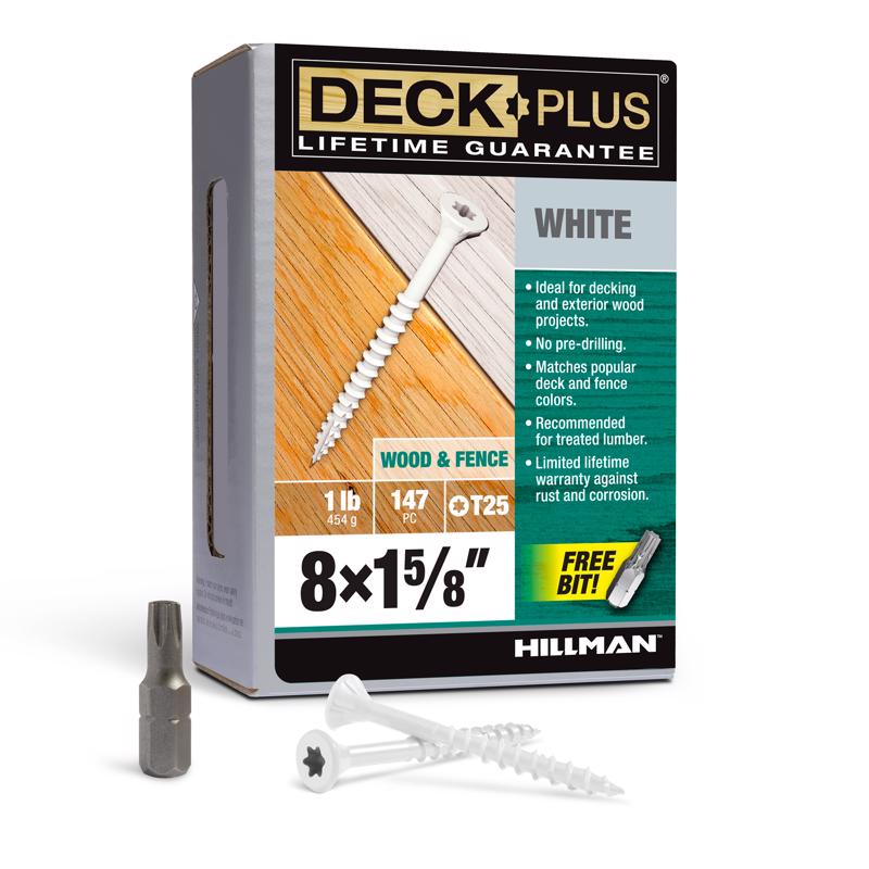 HILLMAN Deck Plus Tornillos para cubierta exterior de cabeza plana White Star Cal. 8 X 1-5/8 pulg. de largo 1 lb paquete de 147