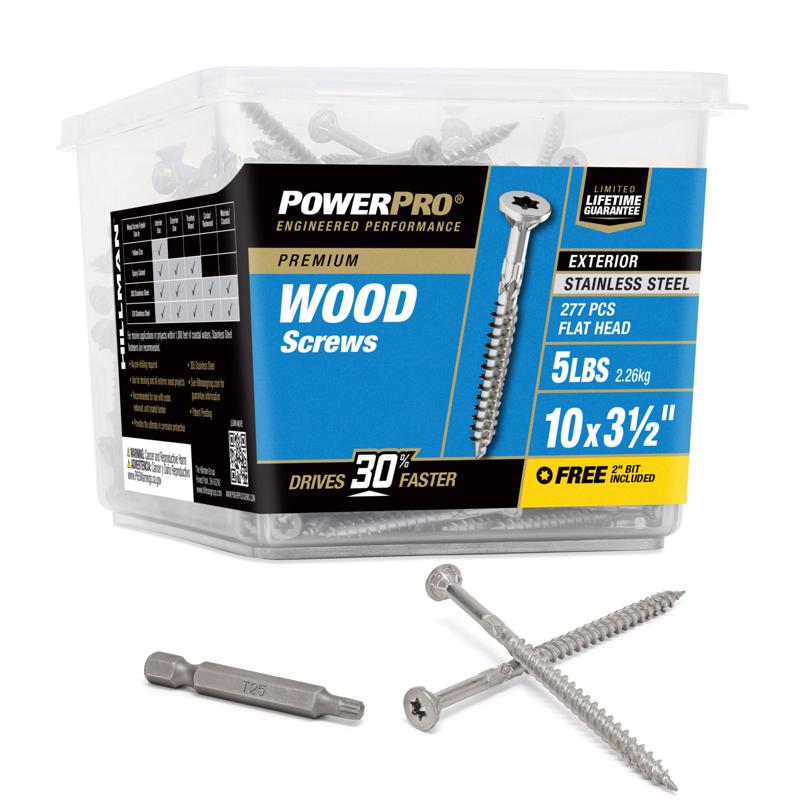 HILLMAN Power Pro Tornillos de acero inoxidable para cubierta exterior de cabeza plana y ranura estrella, calibre 10, 3-1/2 pulg. de largo, 5 lb