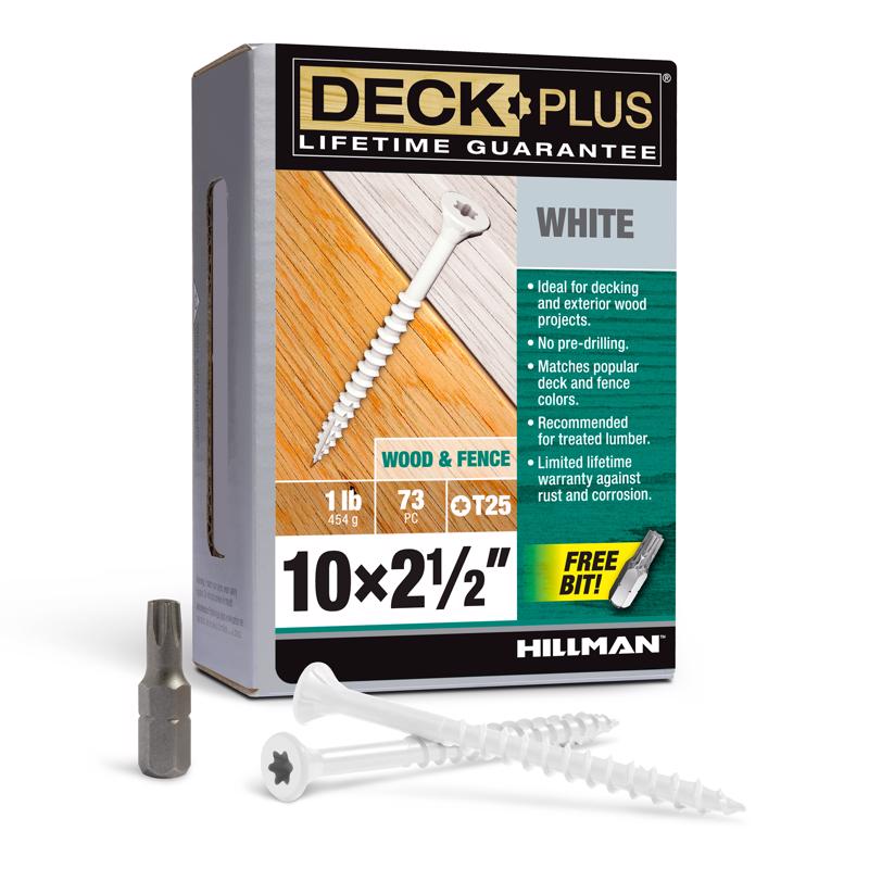 HILLMAN Deck Plus Tornillos para cubierta exterior de cabeza plana White Star Cal. 10 x 2-1/2 pulg. de largo 1 lb paquete de 73