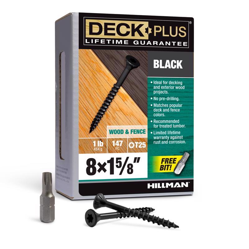 HILLMAN Deck Plus Tornillos negros para cubierta exterior de cabeza plana y punta autotaladrante, calibre 8, 1-5/8 pulg. de largo, 1 libra, paquete de 147 unidades
