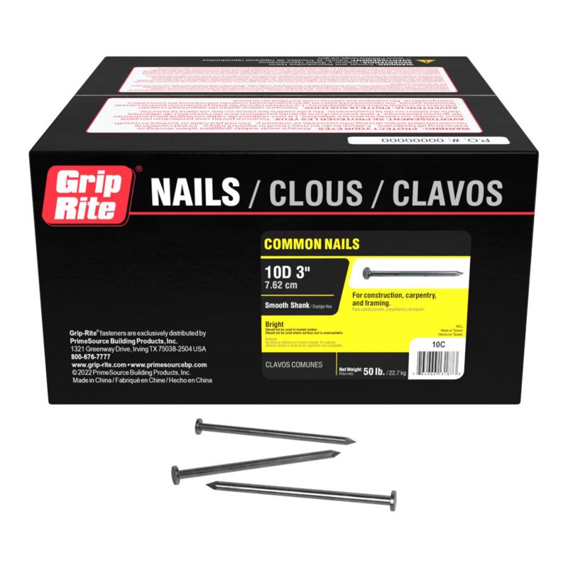 Grip-Rite 10D 3 in. Common Bright Steel Nail Flat Head 50 lb
