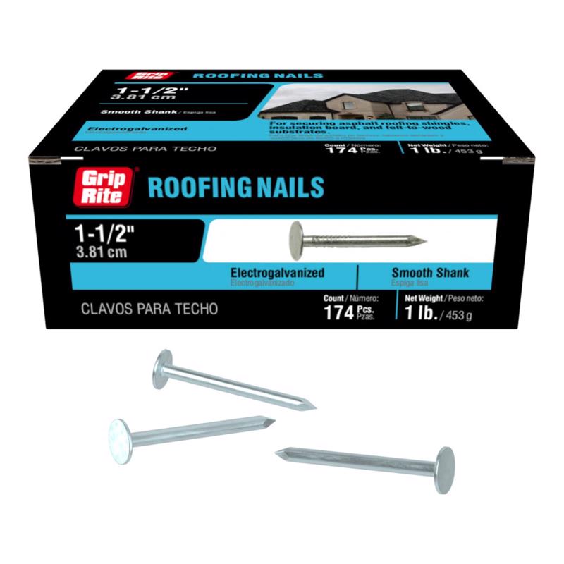 Grip-Rite 1-1/2 in. Roofing Electro-Galvanized Steel Nail Flat Head 1 lb (Pack of 12)