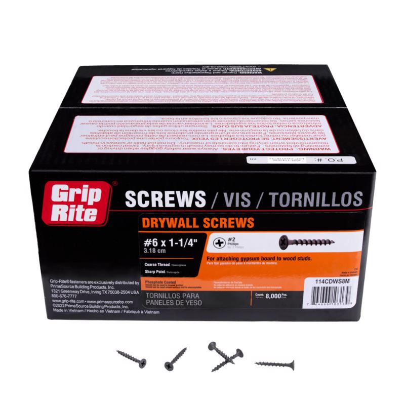 Grip-Rite No. 6 wire X 1-1/4 in. L Phillips Coarse Drywall Screws 8000 pk