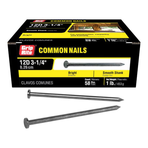 Grip-Rite 12D 3-1/4 in. Common Bright Steel Nail Flat Head 1 lb (Pack of 12)