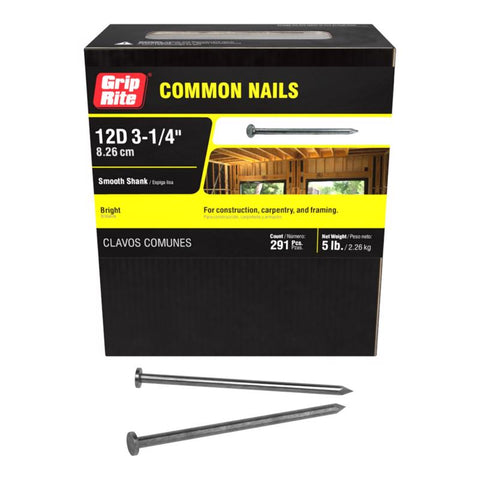 Grip-Rite 12D 3-1/4 in. Common Bright Steel Nail Flat Head 5 lb (Pack of 6)