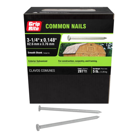 Grip-Rite 12D 3-1/4 in. Common Hot-Dipped Galvanized Steel Nail Flat Head 5 lb (Pack of 6)