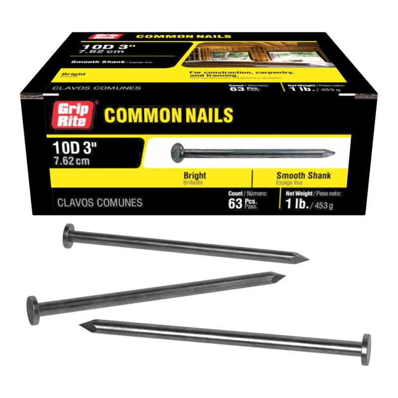 Grip-Rite 10D 3 in. Common Bright Steel Nail Flat Head 1 lb (Pack of 12)