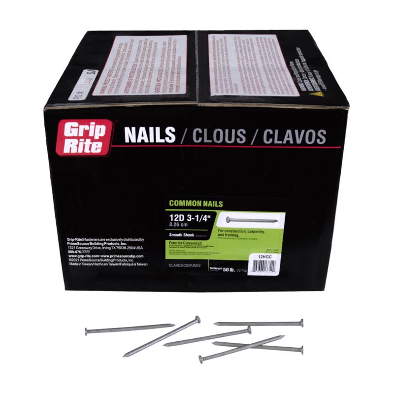 Grip-Rite 12D 3-1/4 in. Common Hot-Dipped Galvanized Steel Nail Flat Head 50 lb