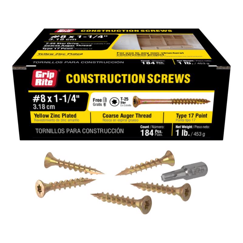 Grip-Rite 1.25 in. L Star Yellow Zinc Coarse Wood Screws 184 pk (Pack of 12)