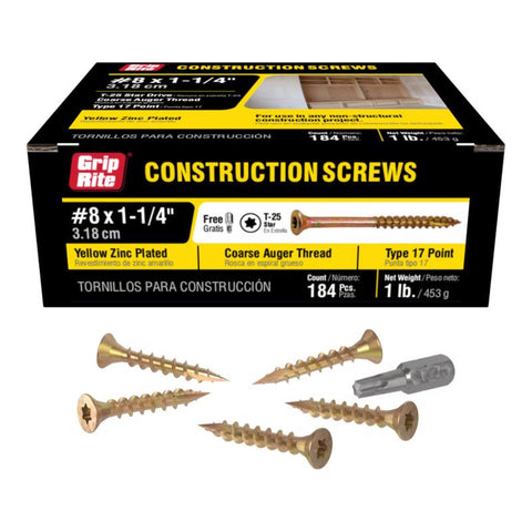 Grip-Rite 1.25 in. L Star Yellow Zinc Coarse Wood Screws 184 pk (Pack of 12)