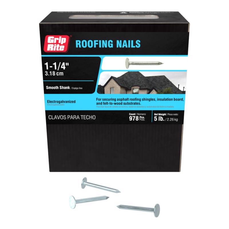 Grip-Rite 1-1/4 in. Roofing Electro-Galvanized Steel Nail Flat Head 5 lb (Pack of 6)
