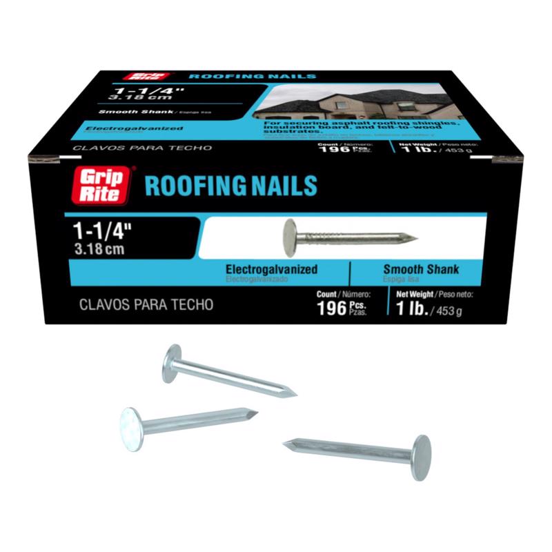 Grip-Rite 1-1/4 in. Roofing Electro-Galvanized Steel Nail Flat Head 1 lb (Pack of 12)