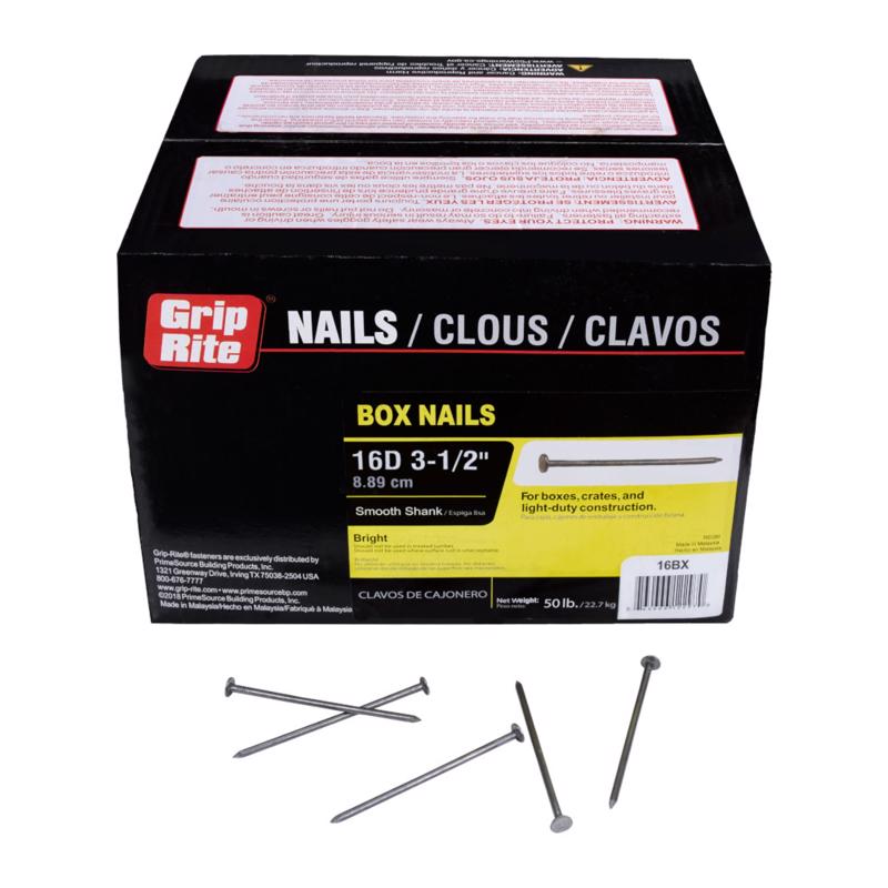 Caja de 50 lb de clavos Grip-Rite 16D de 3-1/2 pulg., de acero brillante y cabeza plana