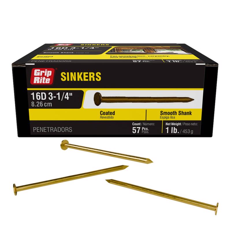 Grip-Rite 16D 3-1/4 in. Sinker Vinyl Steel Nail Countersunk Head 1 lb