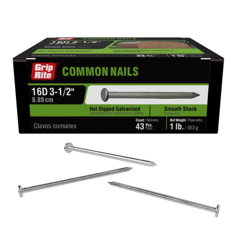 Grip-Rite 16D 3-1/2 in. Common Hot-Dipped Galvanized Steel Nail Flat Head 1 lb (Pack of 12)