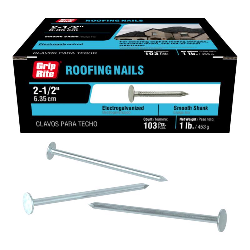 Grip-Rite 2-1/2 in. Roofing Electro-Galvanized Steel Nail Flat Head 1 lb (Pack of 12)