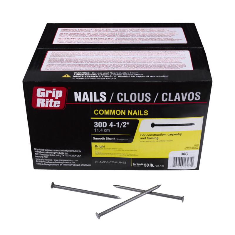 Clavo común de acero brillante de cabeza plana Grip-Rite 30D de 4-1/2 pulg., 50 lb