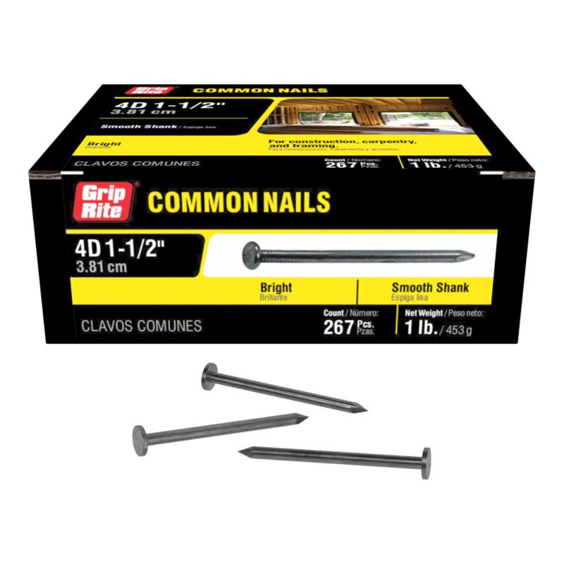 Grip-Rite 4D 1-1/2 in. Common Bright Steel Nail Flat Head 1 lb (Pack of 12)