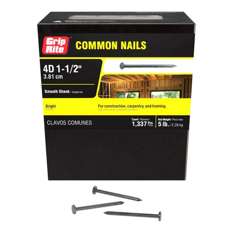 Grip-Rite 4D 1-1/2 in. Common Bright Steel Nail Flat Head 5 lb (Pack of 6)
