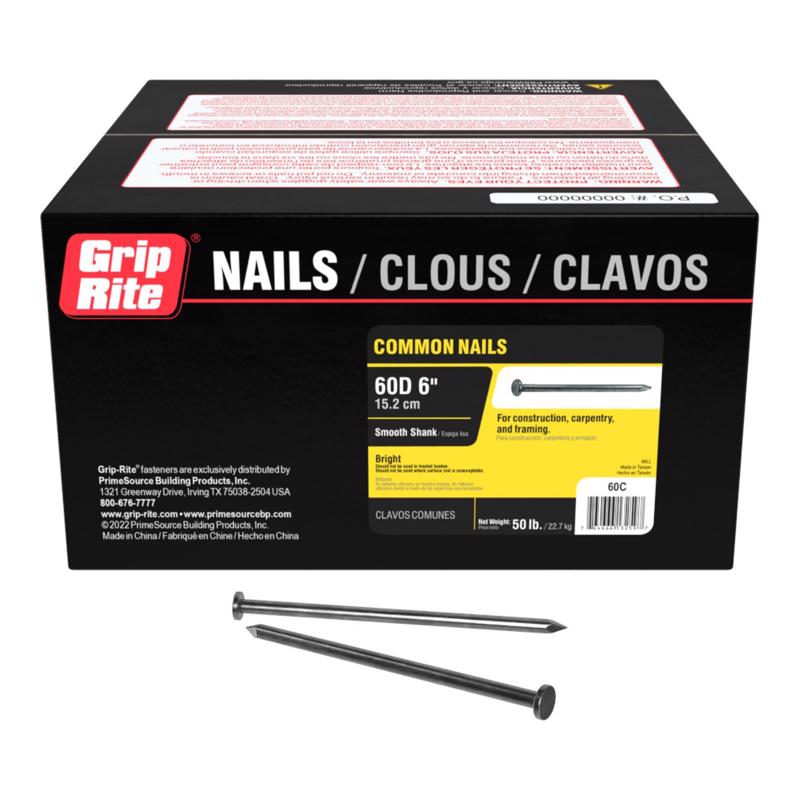 Grip-Rite 60D 6 in. Common Bright Steel Nail Flat Head 50 lb