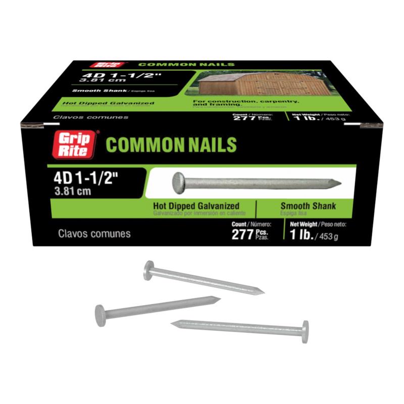 Grip-Rite 4D 1-1/2 in. Common Hot-Dipped Galvanized Steel Nail Flat Head 1 lb (Pack of 12)