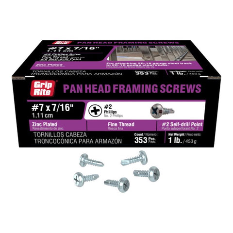 Grip-Rite No. 7 wire X 7/16 in. L Phillips Pan Head Fine Framing Screws (Pack of 12)