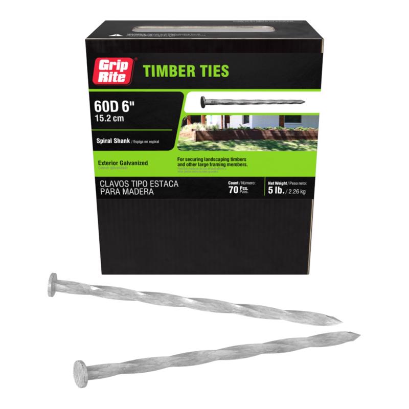 Grip-Rite 60D 6 in. Timber Tie Hot-Dipped Galvanized Steel Nail Flat Head 5 lb (Pack of 6)